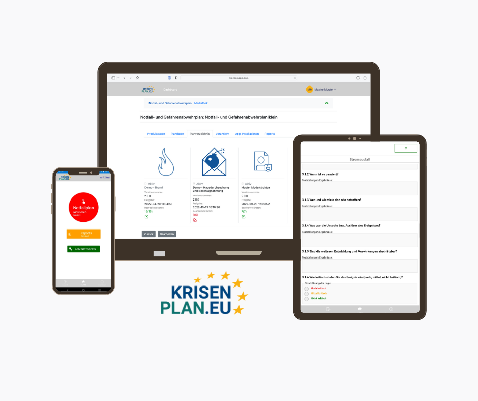 KRISENPLAN.EU: digitaler Notfall- und Gefahrenabwehrplan für Unternehmen / Handy, Desktop und Tablet